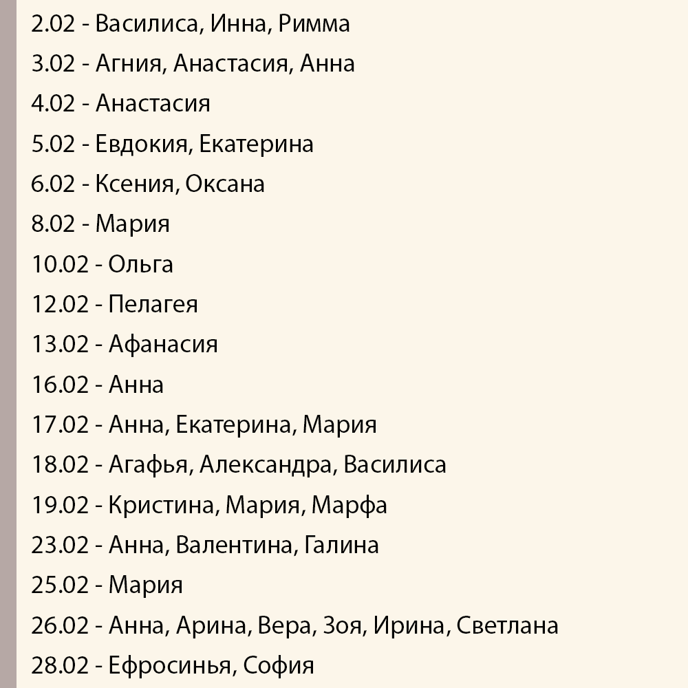 Именины в феврале - мужские и женские имена по церковному календарю
